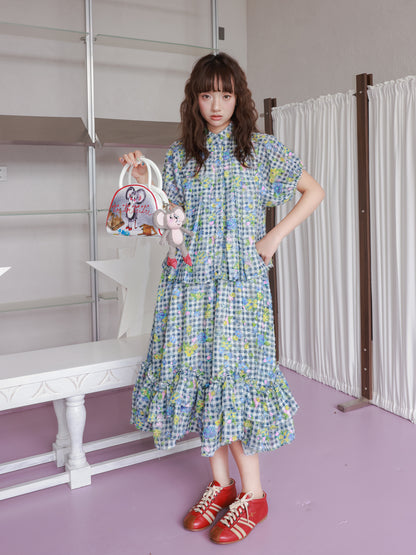 tntntutu Blue & White Plaid Floral Shirt and Mermaid Hem Skirt Set set tntntutu