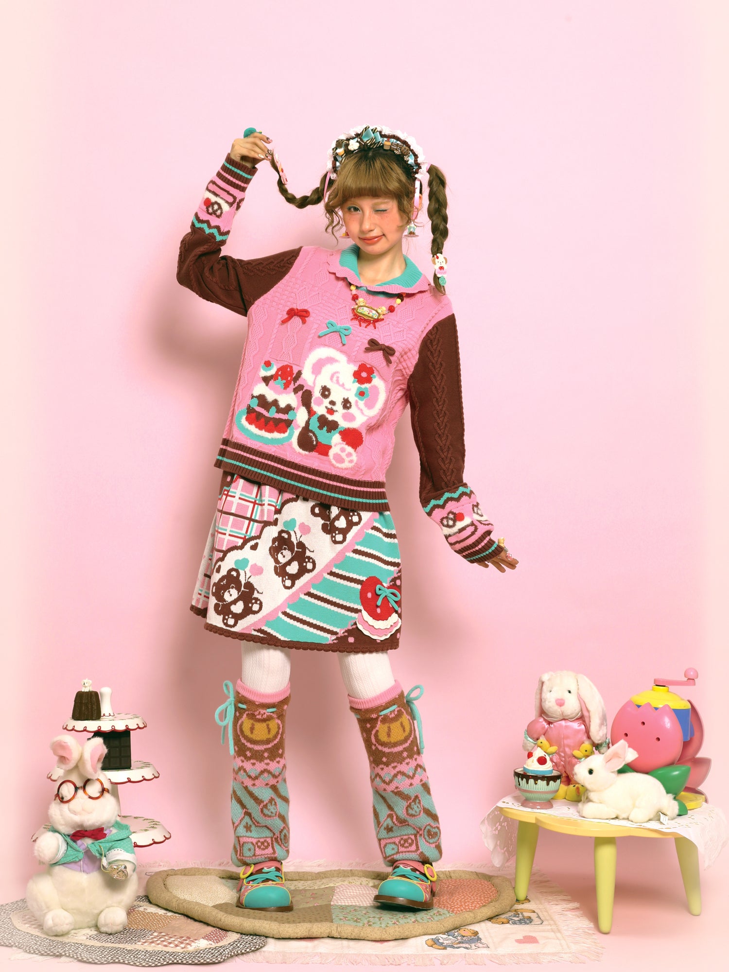 LutraJump - Kawaii Pink Bunny Cable Knit Sweater Cape sweater Lutra Jump