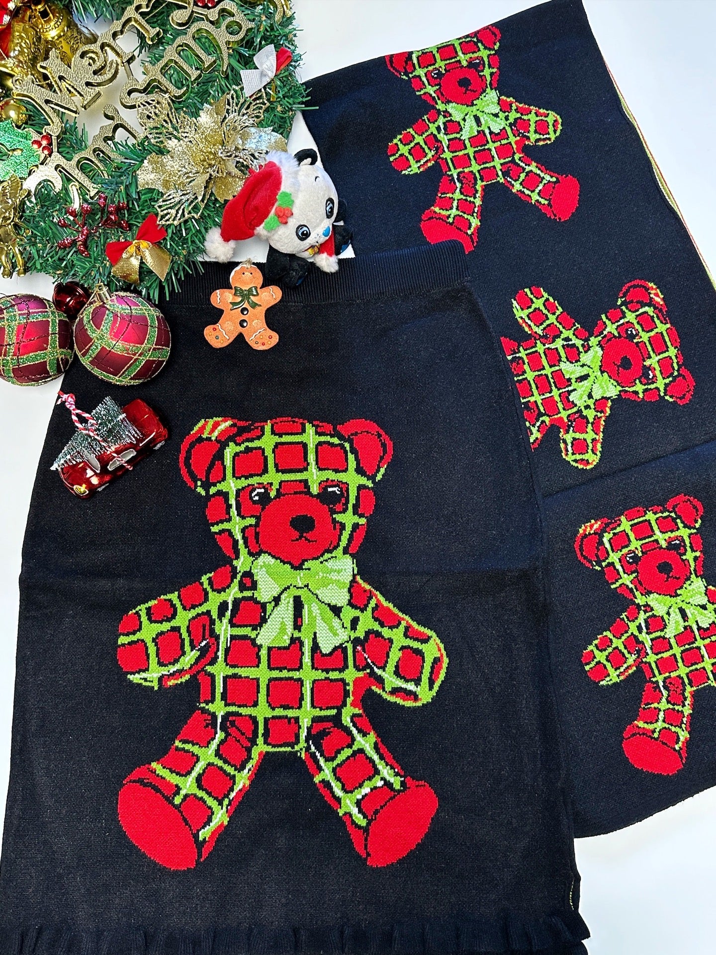 bunnybunnygun - Harajuku Christmas Bear Knit Skirt Scarf Set skirt bunnybunnygun