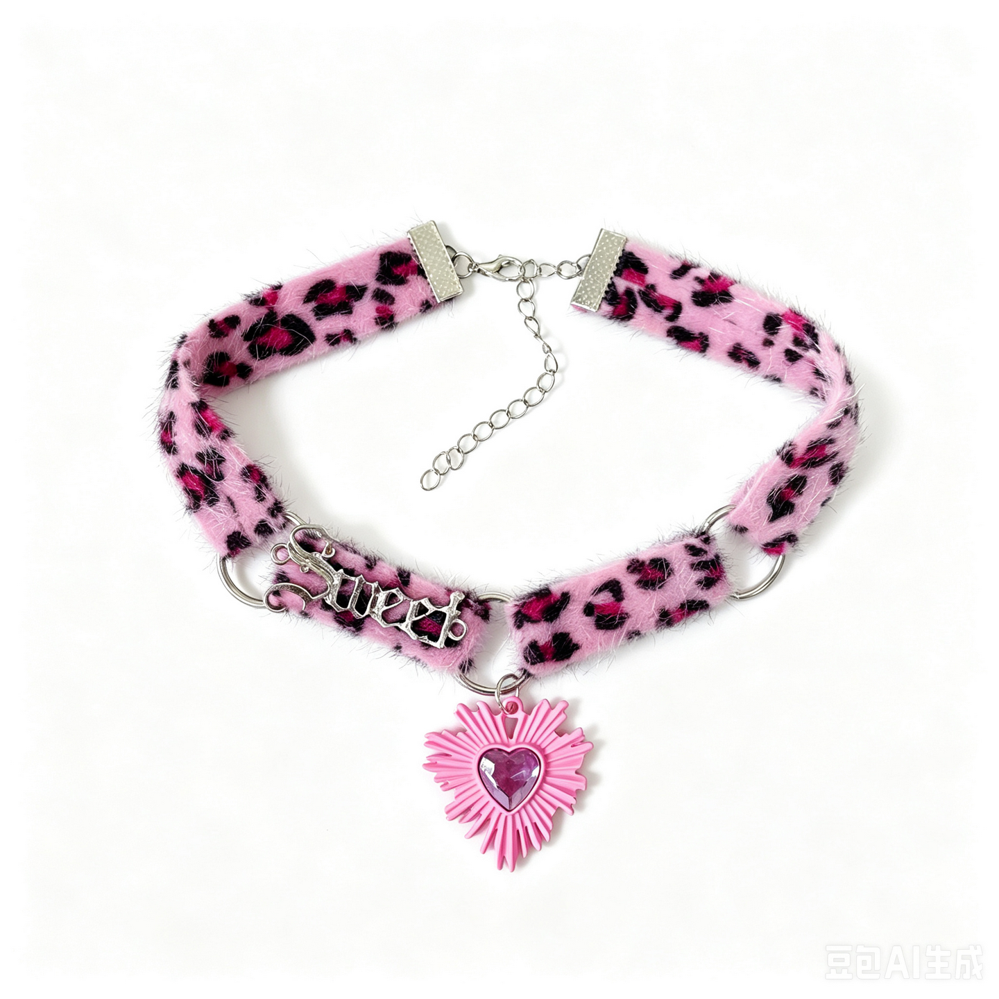 Pink Leopard Plush Heart Choker choker strangelab