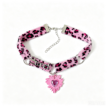 Pink Leopard Plush Heart Choker choker strangelab
