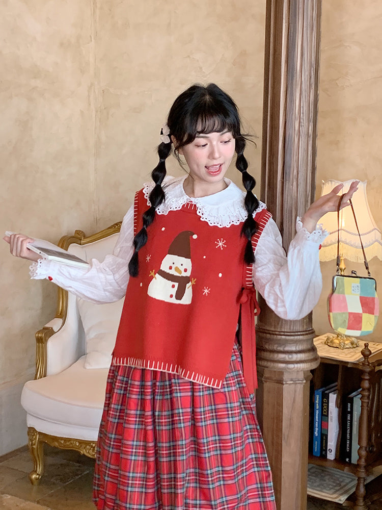 Mameya - Kawaii Snowman Knit Vest Red vest Mameya