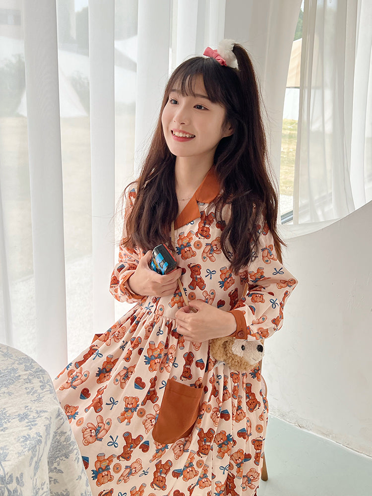 Mameya - Kawaii Bear Print Long-Sleeve Dress dress Mameya