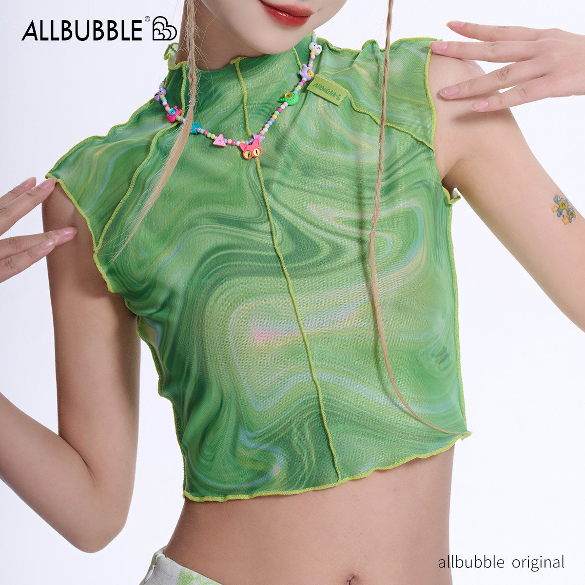 Allbubble - Mint Tie-Dye Mesh Top tank top Allbubble
