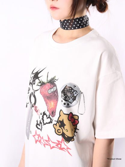 Oogreenapple - Kitty Collage Oversize White Tee tshirt Oogreenapple