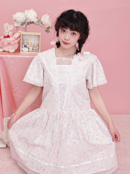 SemenCoicis – Vintage Rose Print Sailor Collar Lace Dress Retro Girl Aesthetic dress SemenCoicis