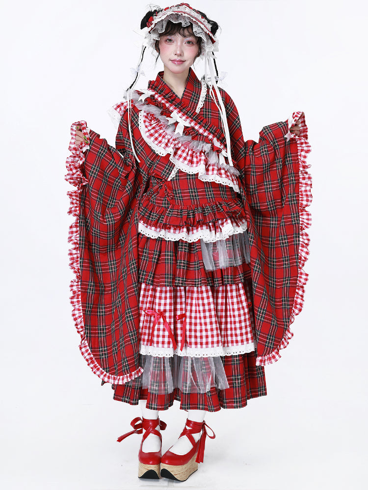 SOS MEME CLUB – Showa Retro Red Plaid Kimono Blouse blouse SOS MEME CLUB