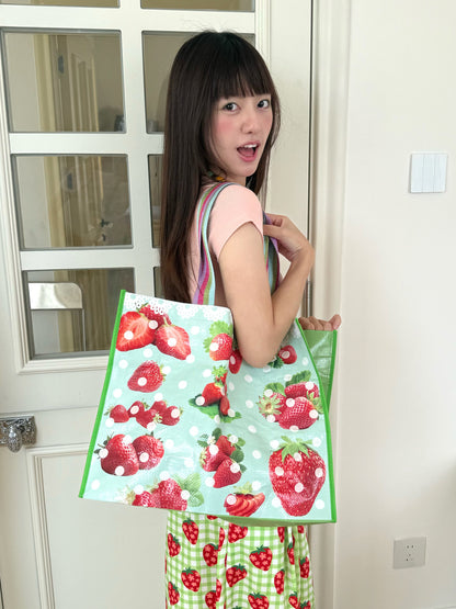 FRUITS - Strawberry Polka Dot Tote Bag | Kawaii Japanese Shoulder Bag bag Fruits Green