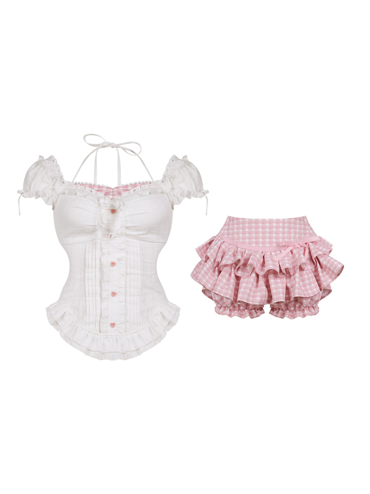 Serendipity - White Top Pink Plaid Cake Skirt Set set serendipity