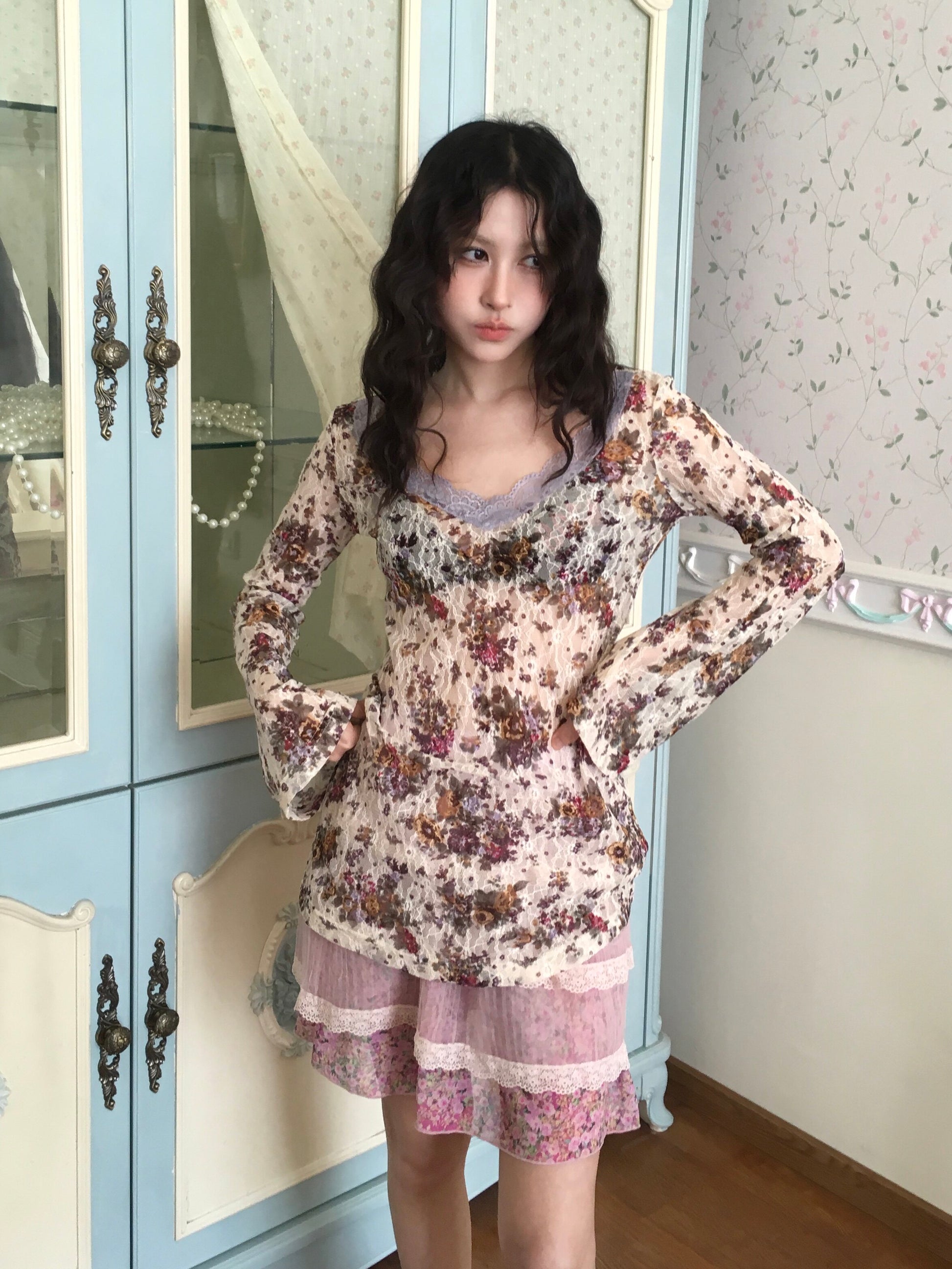HIBABAO - Vintage Lace Floral Sheer Top shirt HIBABAO
