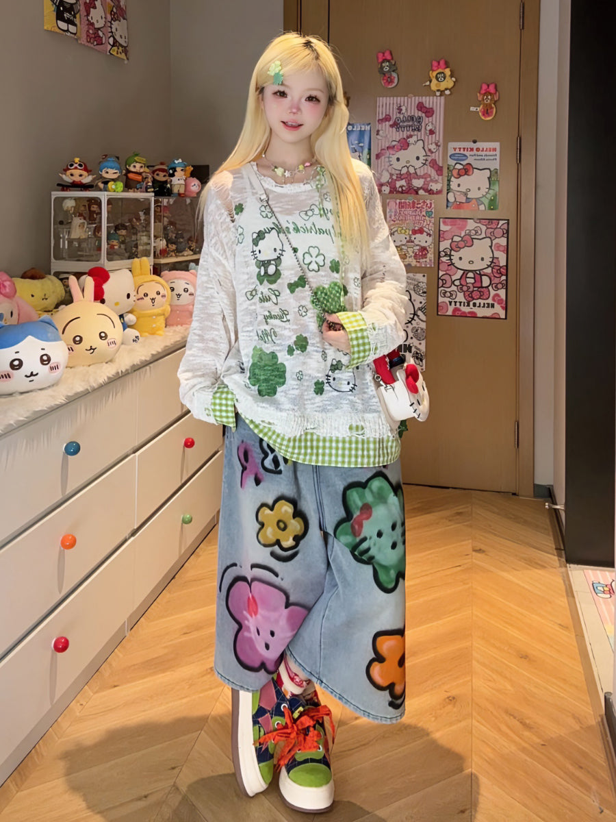 Cute Lin Kawaii Plaid Cartoon Shirt | Loose Fit Long Sleeve Overshirt shirt cute lin