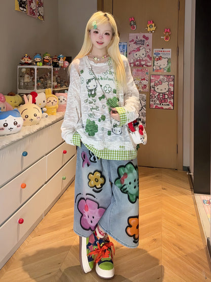 Cute Lin Kawaii Plaid Cartoon Shirt | Loose Fit Long Sleeve Overshirt shirt cute lin