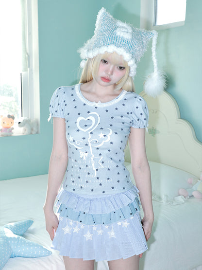 Hashtag DDD – Blue Star Fitted T-Shirt with Lace Trim tshirt Hashtag DDD