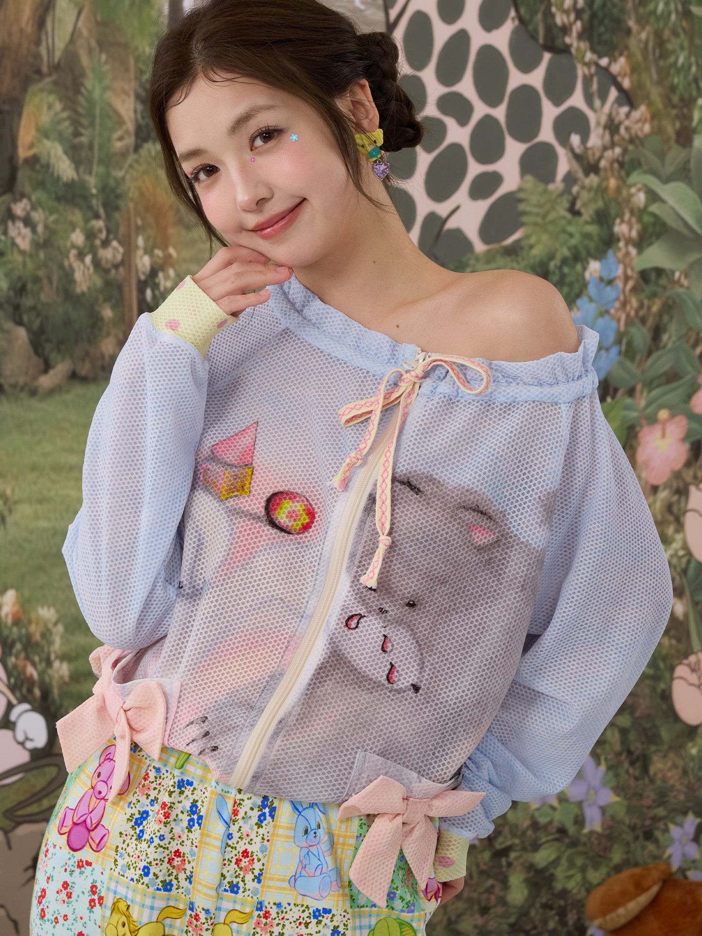 tntntutu - Mesh Print Zip Cardigan Jacket Land Decora