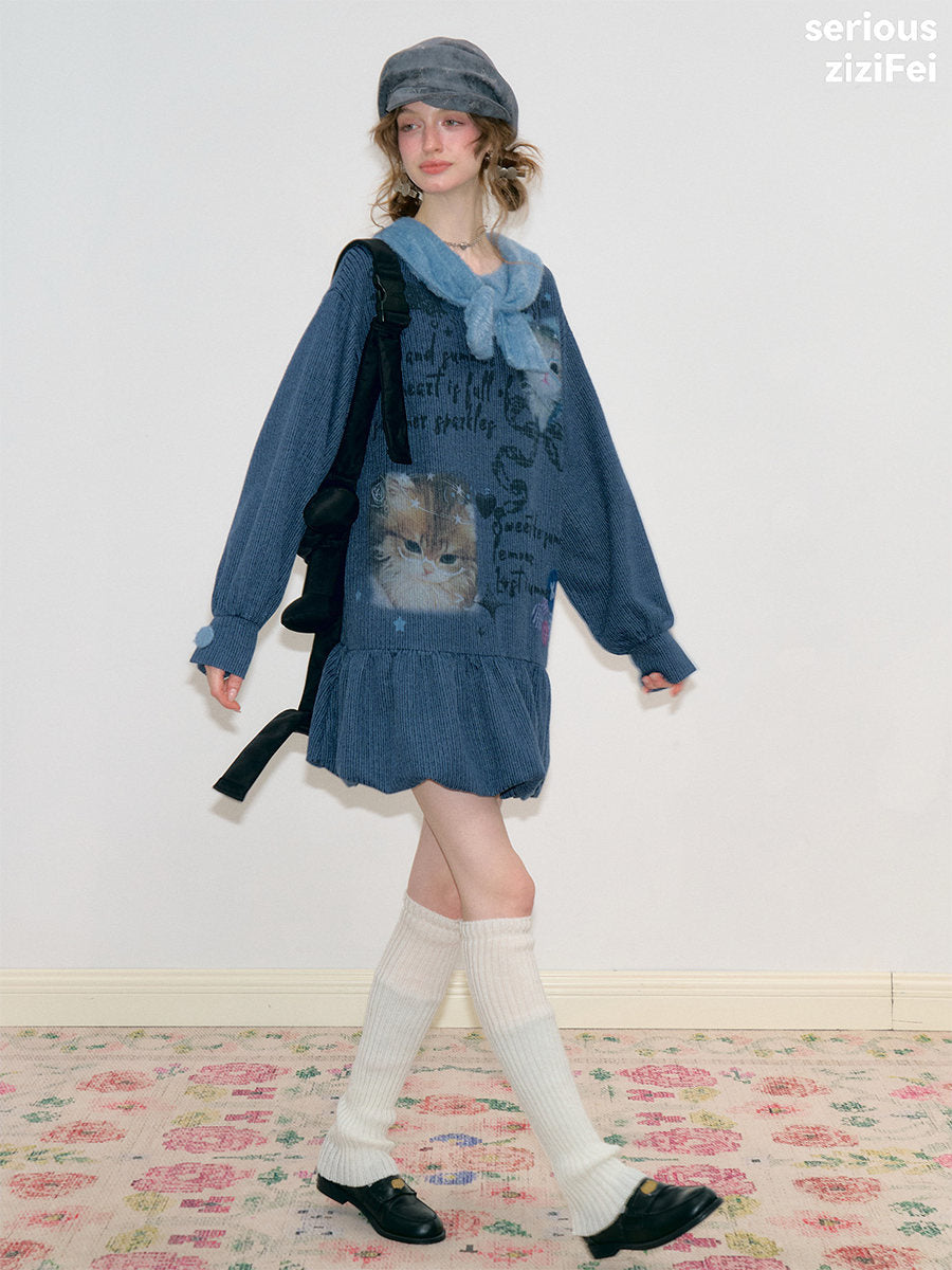 ziziFei - Navy Cat Print Bow Collar Knit Dress dress ziziFei