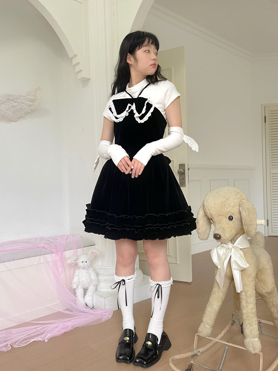 daytoday everyday institute - Girly Fashion Velvet Bow Black Flare Dress dress daytoday everyday institute