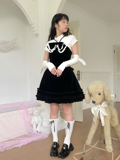 daytoday everyday institute - Girly Fashion Velvet Bow Black Flare Dress dress daytoday everyday institute