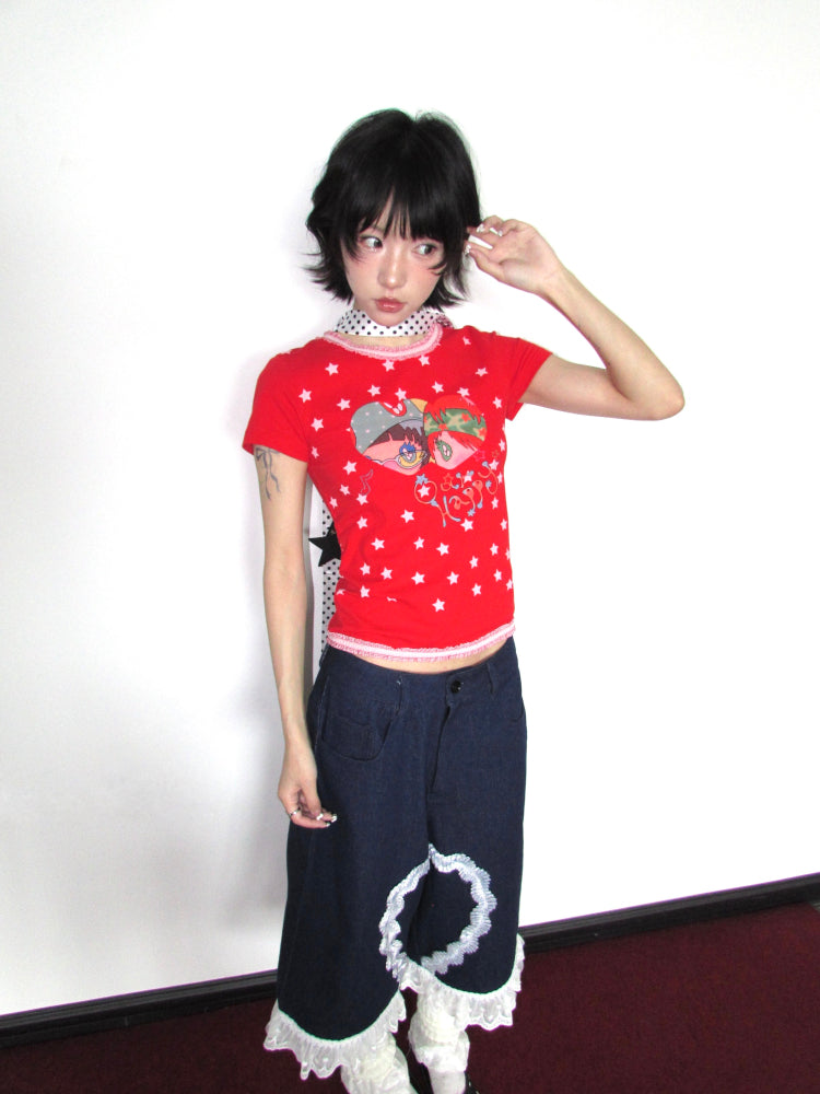 OurHappy Kawaii Harajuku Slim Fit Top | Lace Trim Cotton Print Tee tshirt Our Happy