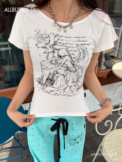 Allbubble - Angel Print Ruffle Sleeve Crop T-Shirt tshirt Allbubble