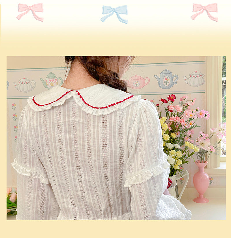 Little Berry - Lace Texture Embroidered White Blouse shirt Little Berry