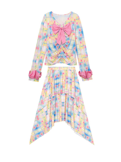 Monsssstar - Yellow Bow Print Two Piece Set set Monsssstar S