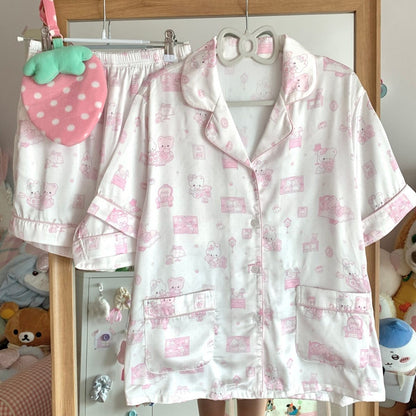 Blurred Bear - Pink Sweet Short Sleeve Pajama Set set Blurred Bear S