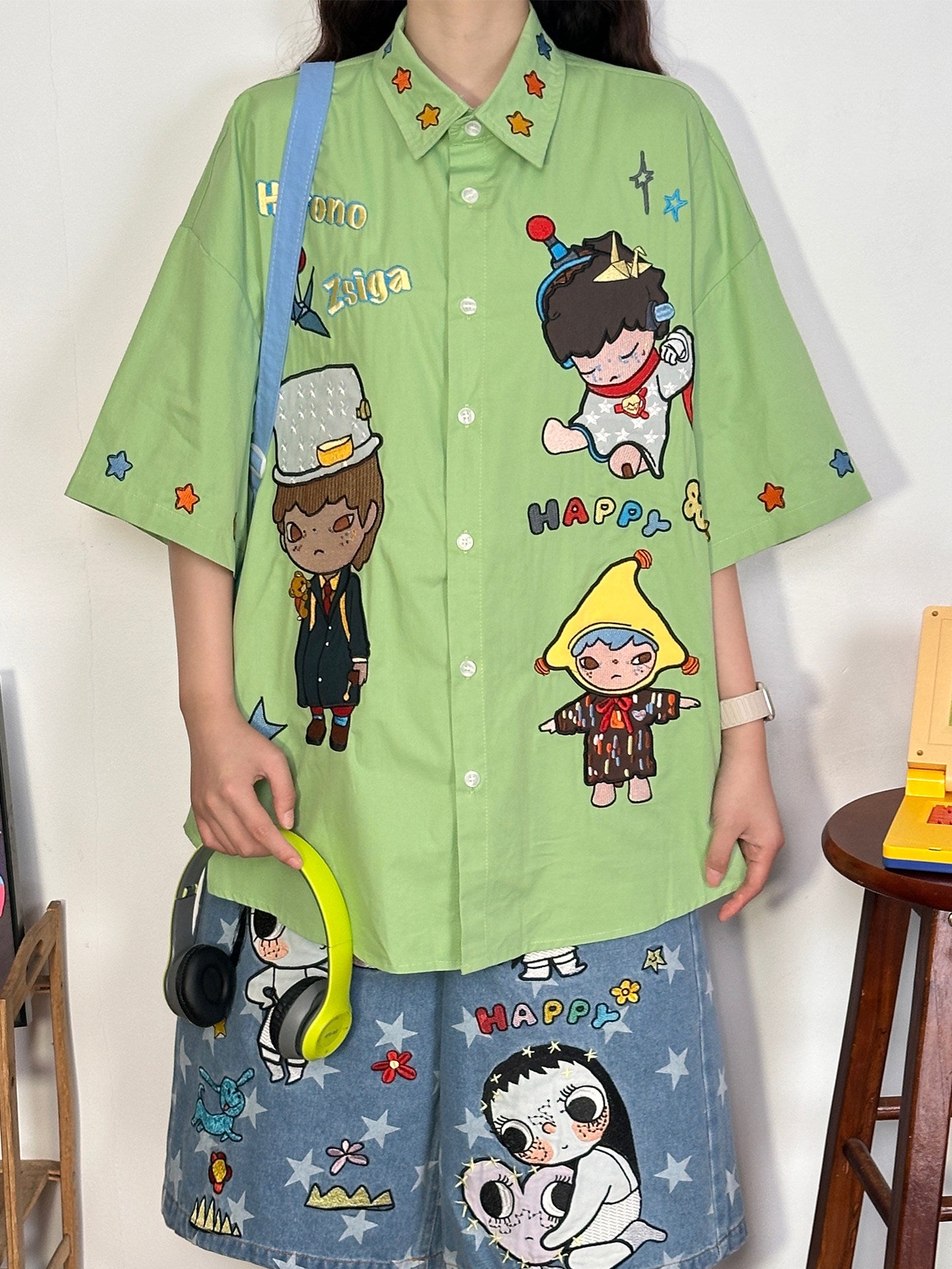 Green Cartoon Embroidered Shirt shirt soldout