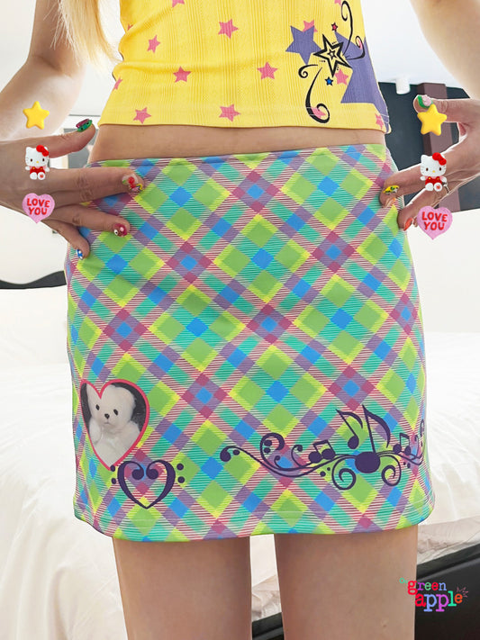 Oogreenapple - Green Plaid Bear Mini Skirt skirt Oogreenapple