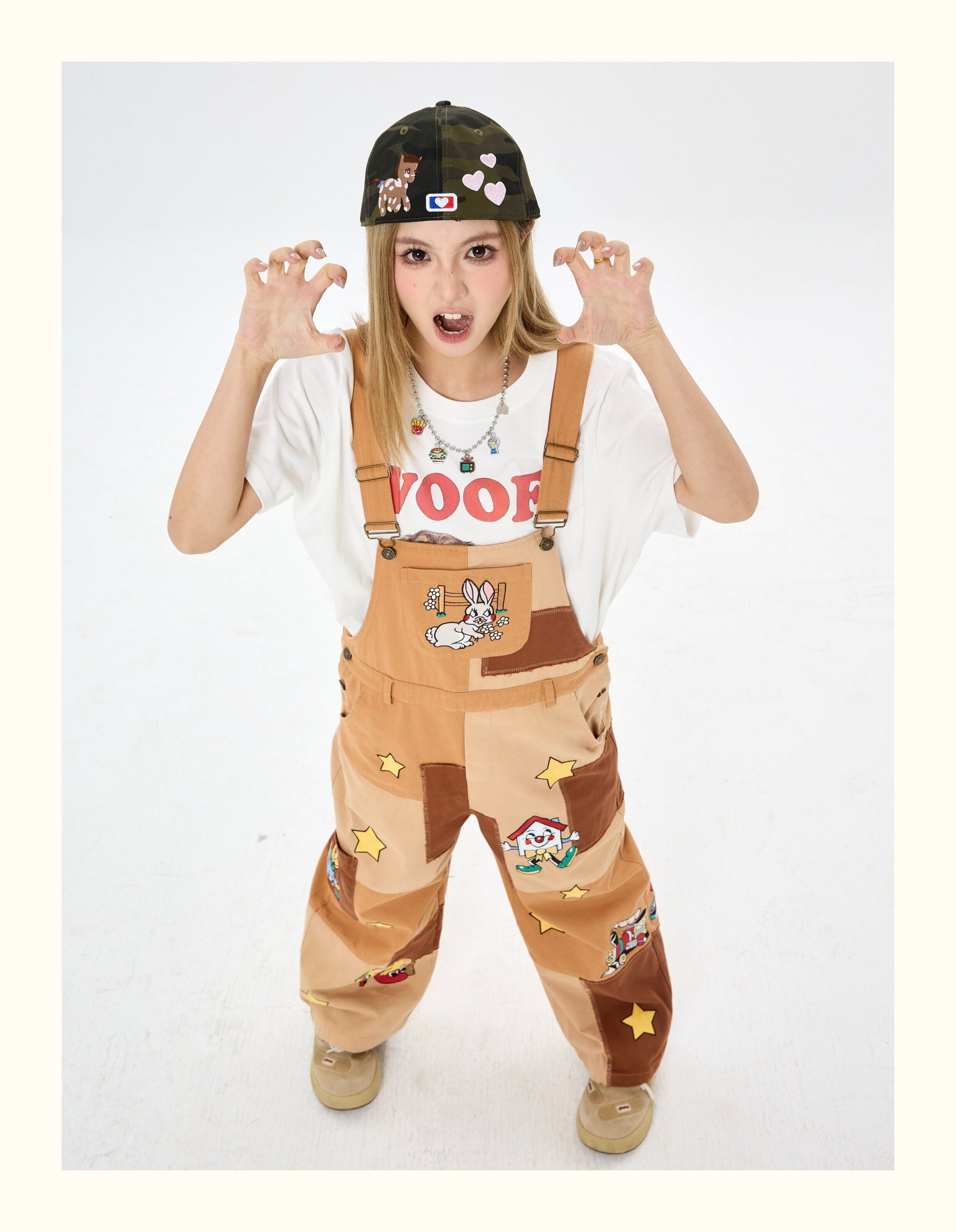 Robootoo - Brown Patchwork Embroidered Wide Leg Overalls overall Robootoo