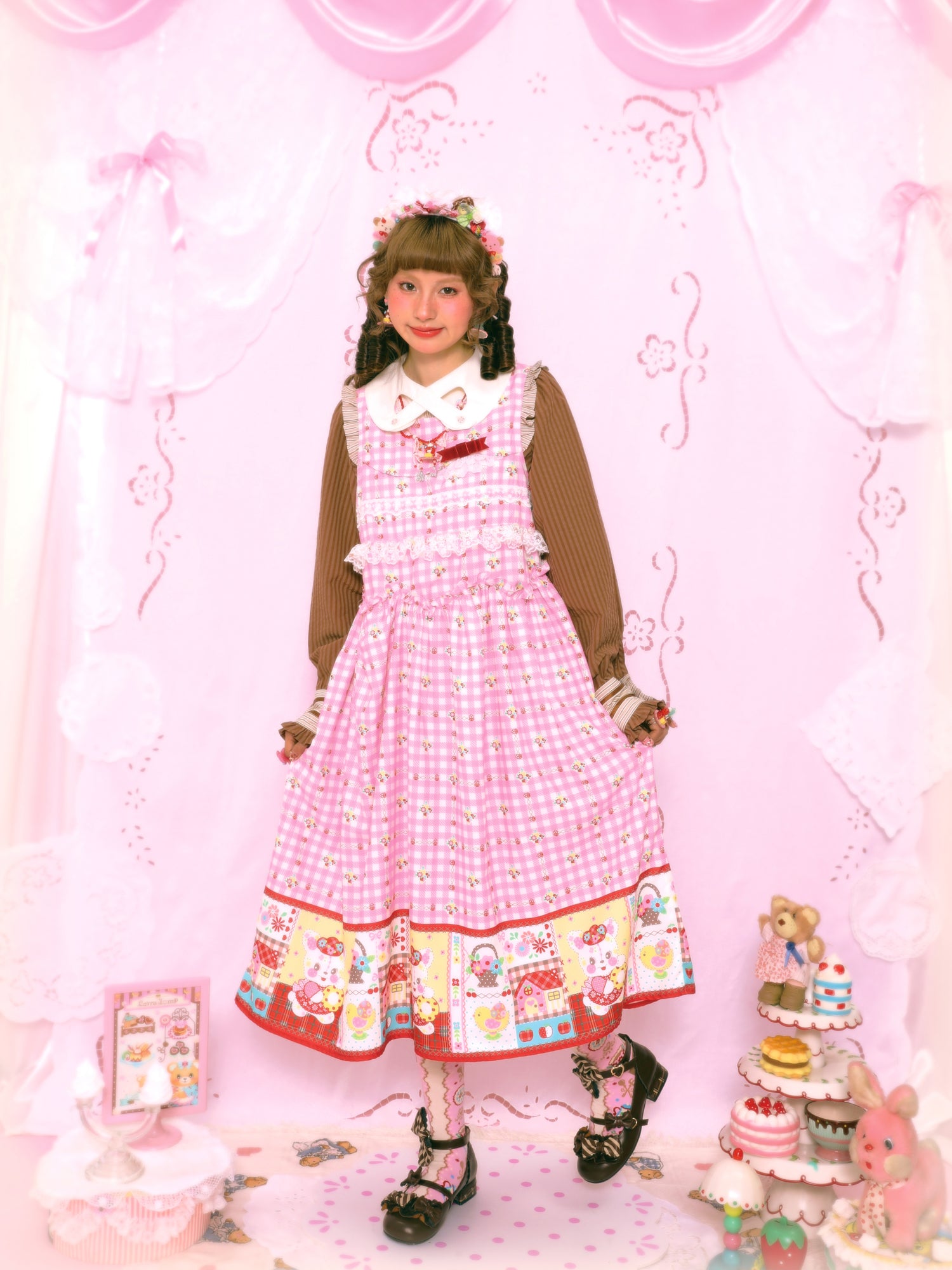 Lutra Jump - Kawaii Pink Plaid Bunny Dress Lace Bow Long Loose dress Lutra Jump