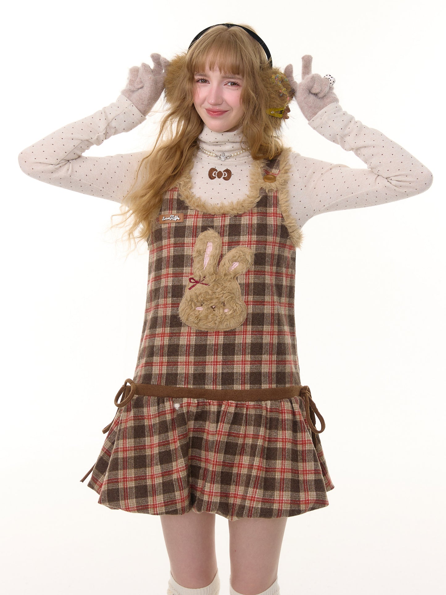 ziziFei - Brown Plaid Bunny Vest Dress dress ziziFei