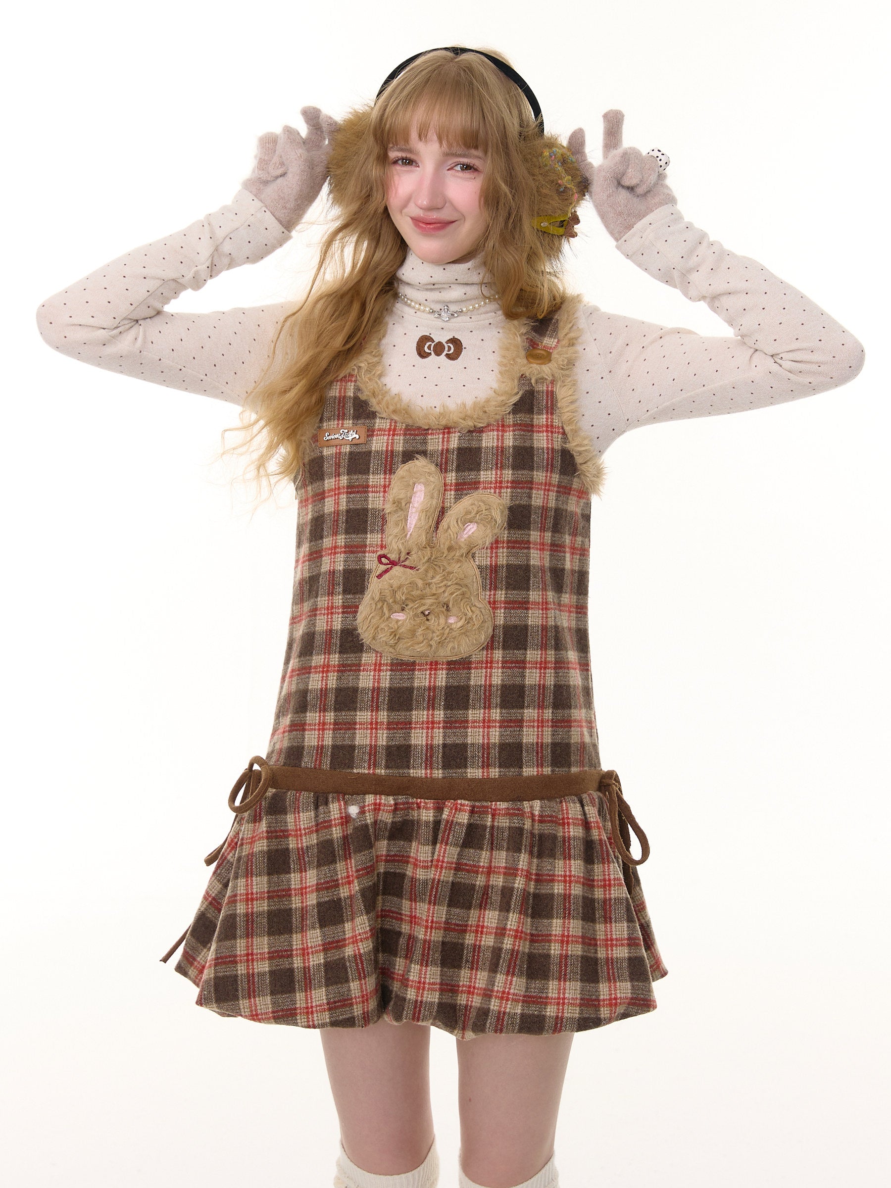 ziziFei - Brown Plaid Bunny Vest Dress dress ziziFei