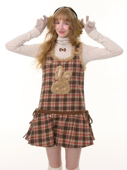 ziziFei - Brown Plaid Bunny Vest Dress dress ziziFei