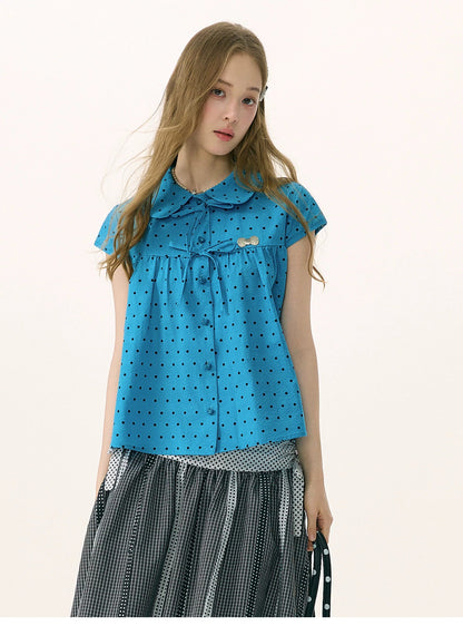 ziziFei - Blue Polka Dot Bow Doll Collar Shirt blouse ziziFei