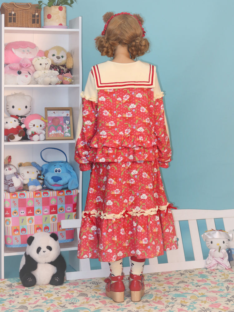 LULULULU - Kawaii Dessert Time Red Apple Print Blouse & Skirt Set set LULULULU