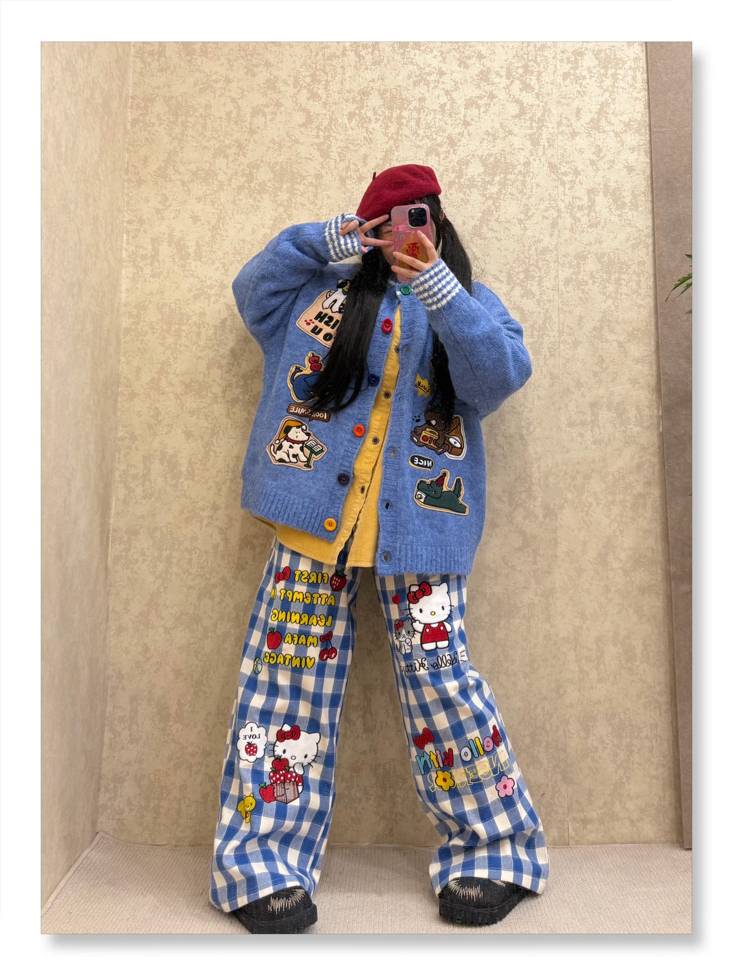 BIBULU - Kidcore Cartoon Embroidered Plaid Pants pants BIBULU