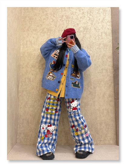 BIBULU - Kidcore Cartoon Embroidered Plaid Pants pants BIBULU