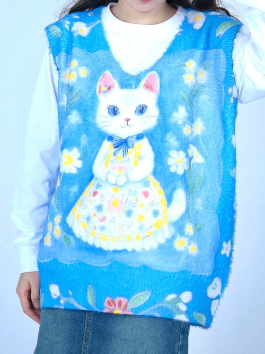 MeowMeow Bug – Decora Kei Fuzzy Cat Wreath Knit Vest vest MeowMeow Bug