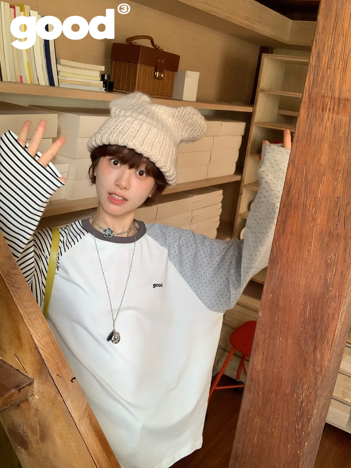 Meihao Store - Striped Polka Dot Patchwork Long Sleeve T-Shirt