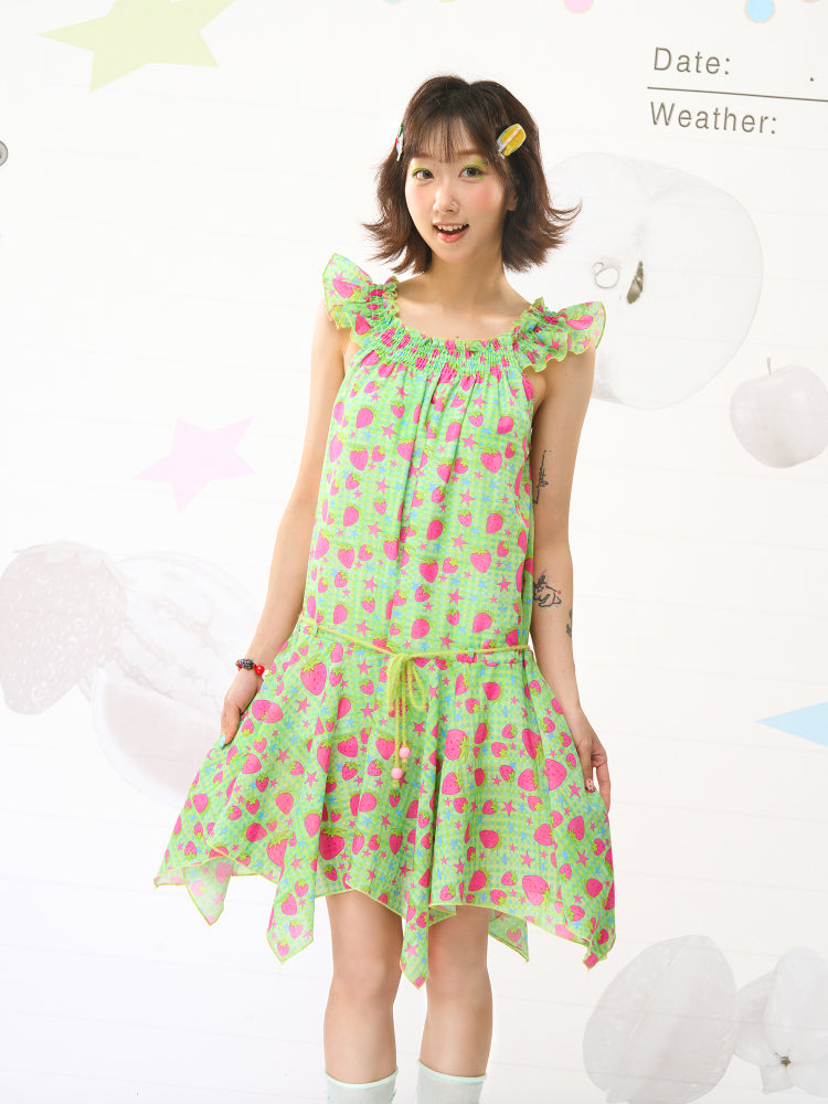 FRUITS Strawberry Dress | Illustration Asymmetric Hem Dress | Flutter Sleeve Dress dress Fruits