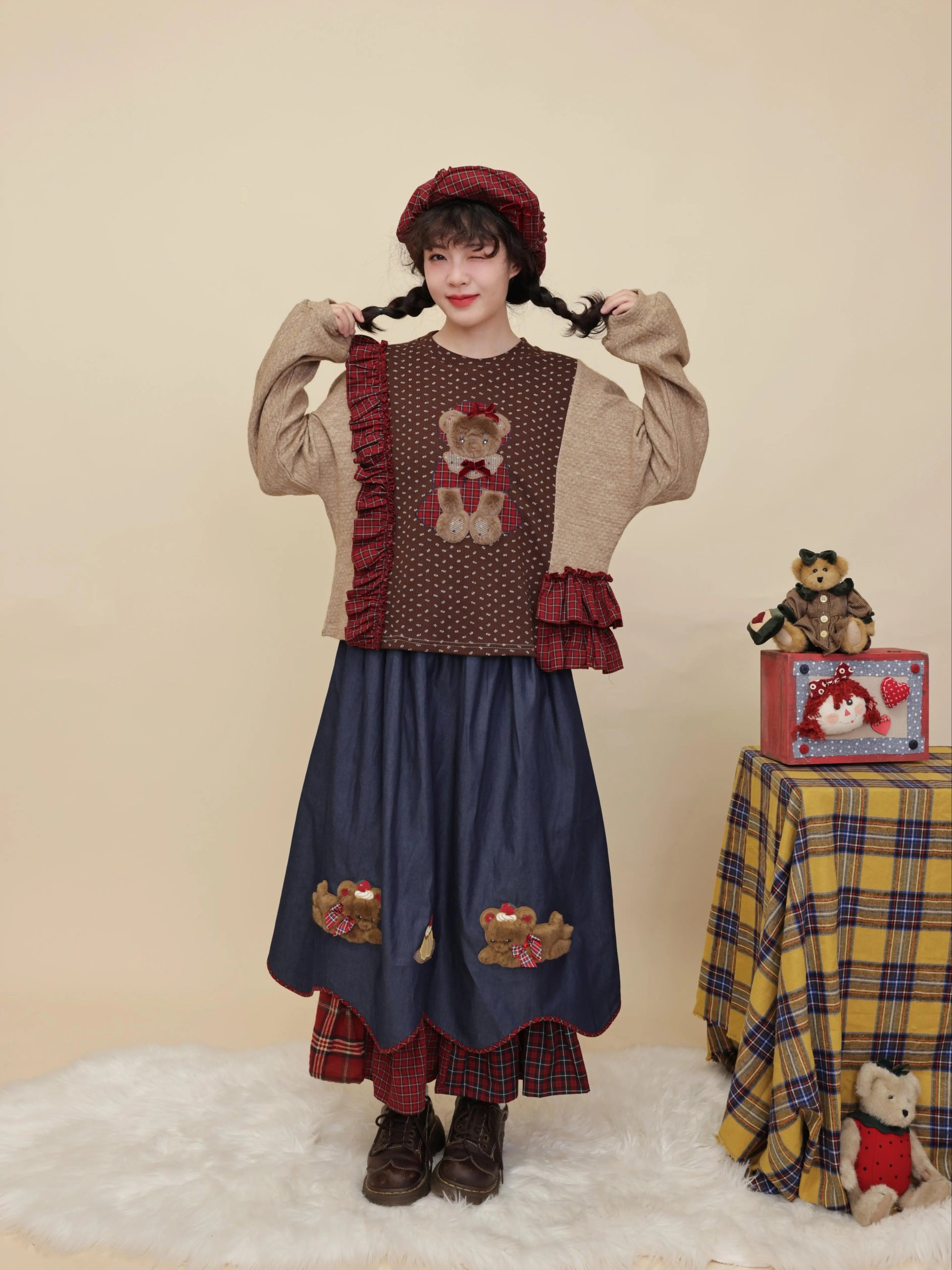 SemenCoicis - Kawaii Denim Skirt Plaid Petal Pudding Bear Skirt skirt SemenCoicis