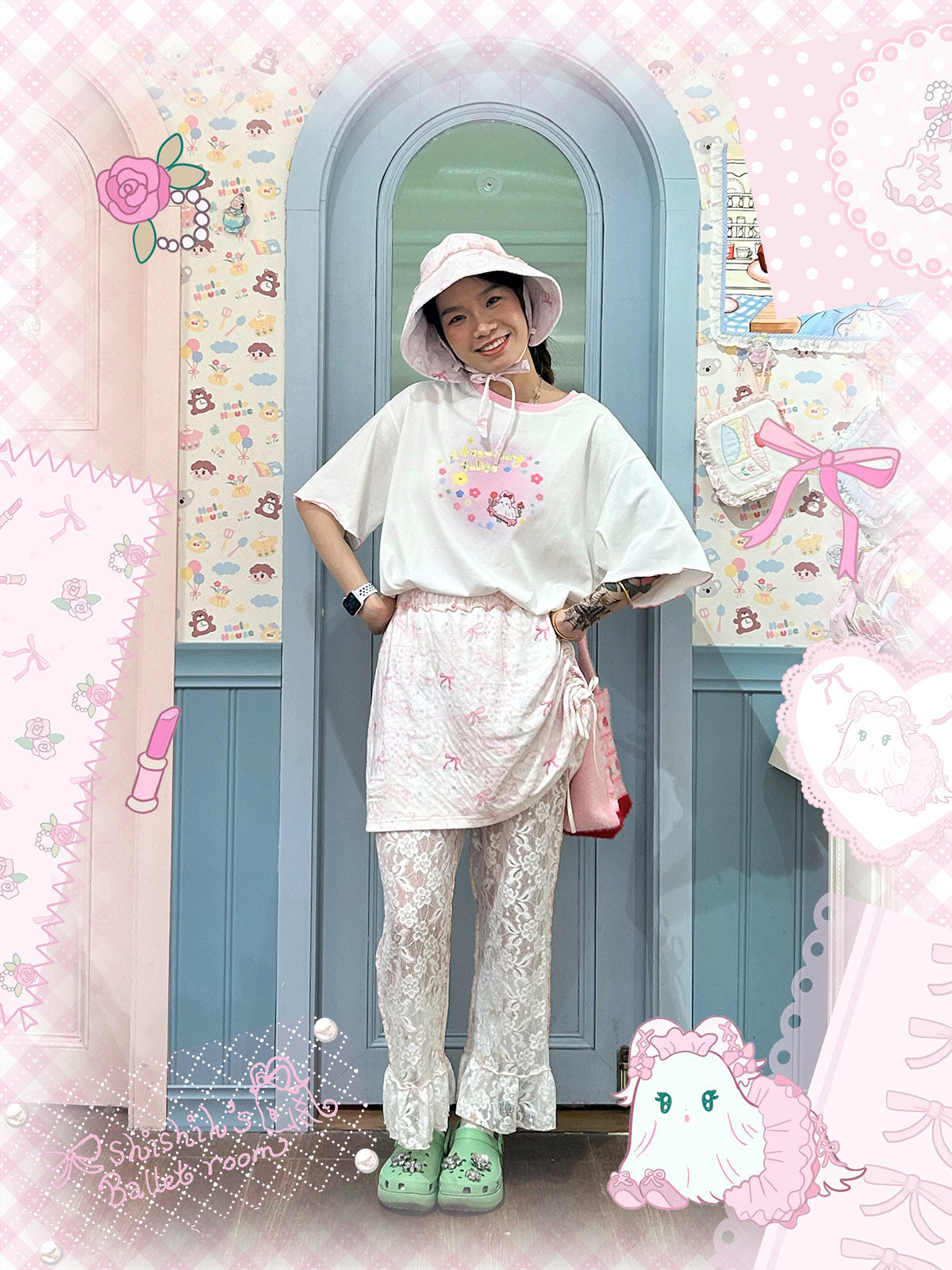 shishihshop Decora Kei Pink Sun Hat | Sweet Girl Lace Ribbon Wide-Brim UV Cap hat shishihshop