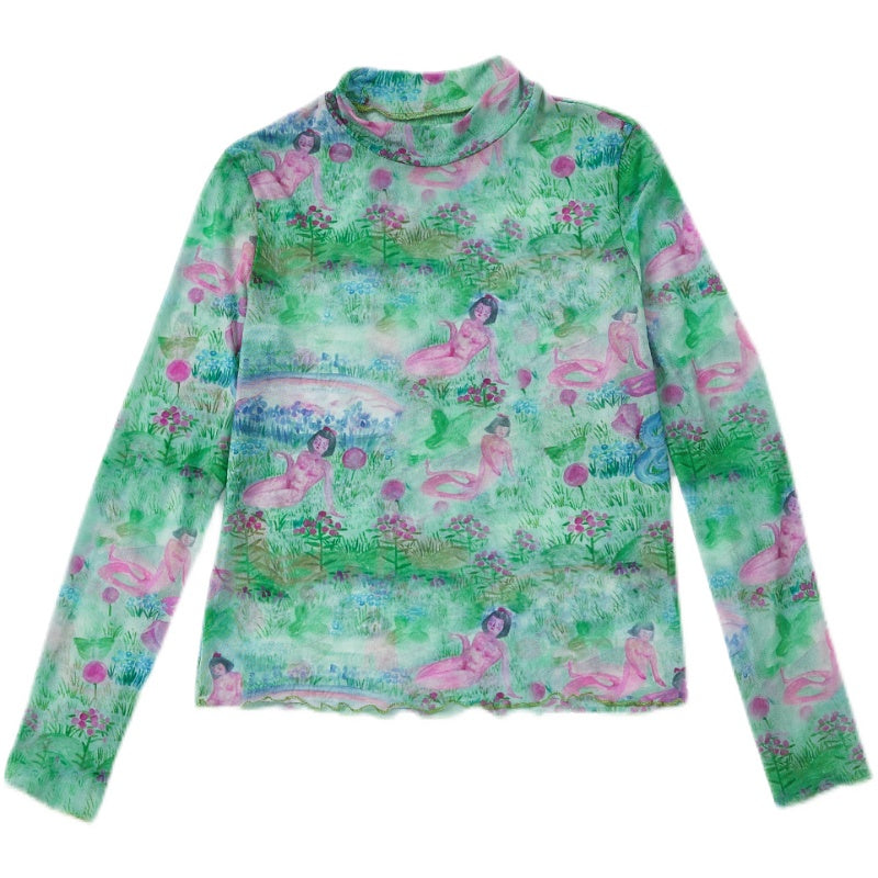 Harajuku Undershirt Green Floral Snake Shirt Long Sleeve Hand Painted Undershirt shirt Moon Meadow