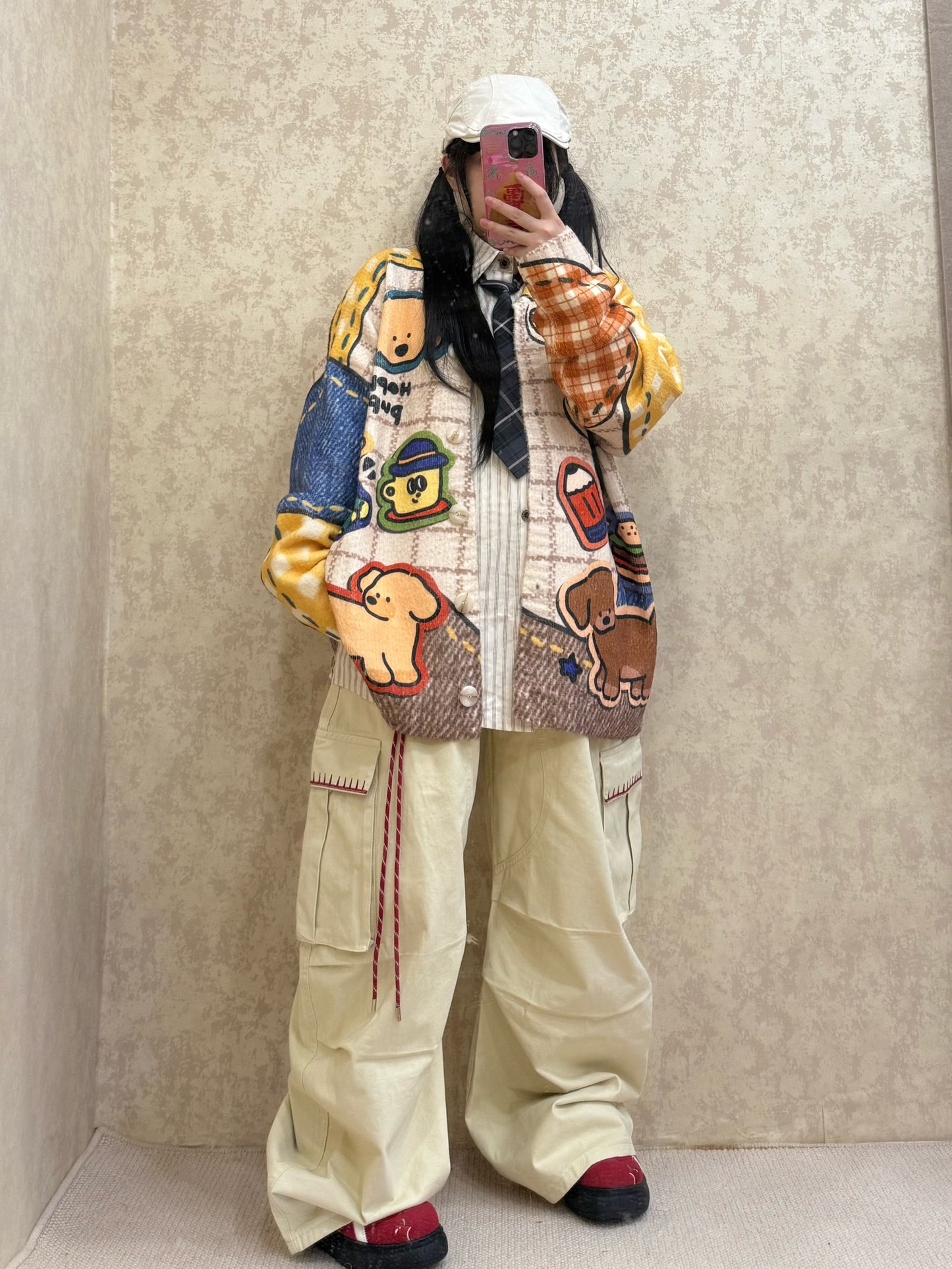 BIBULU - Kidcore Cartoon Check Knit Cardigan cardigan BIBULU