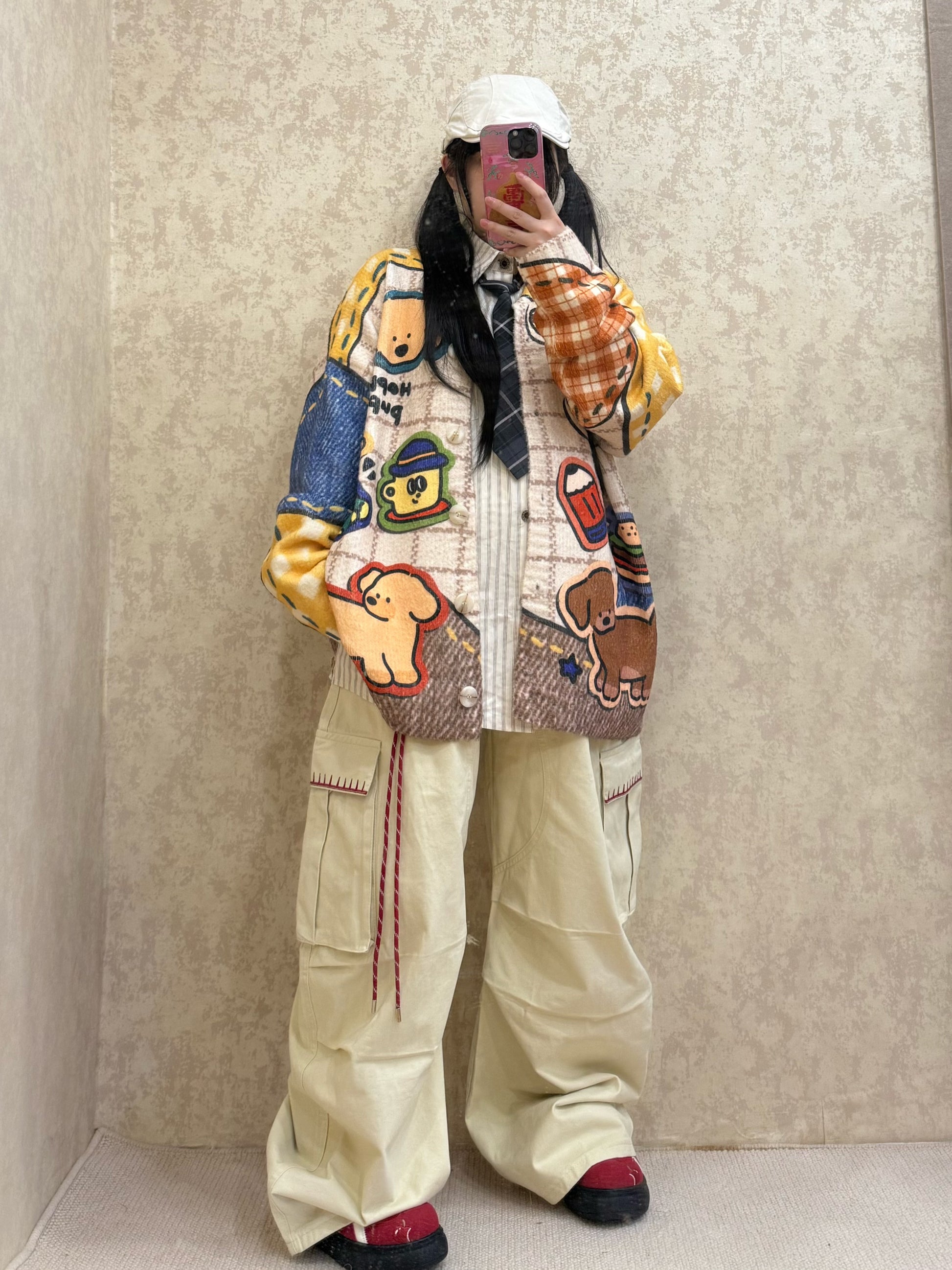 BIBULU - Kidcore Cartoon Check Knit Cardigan cardigan BIBULU