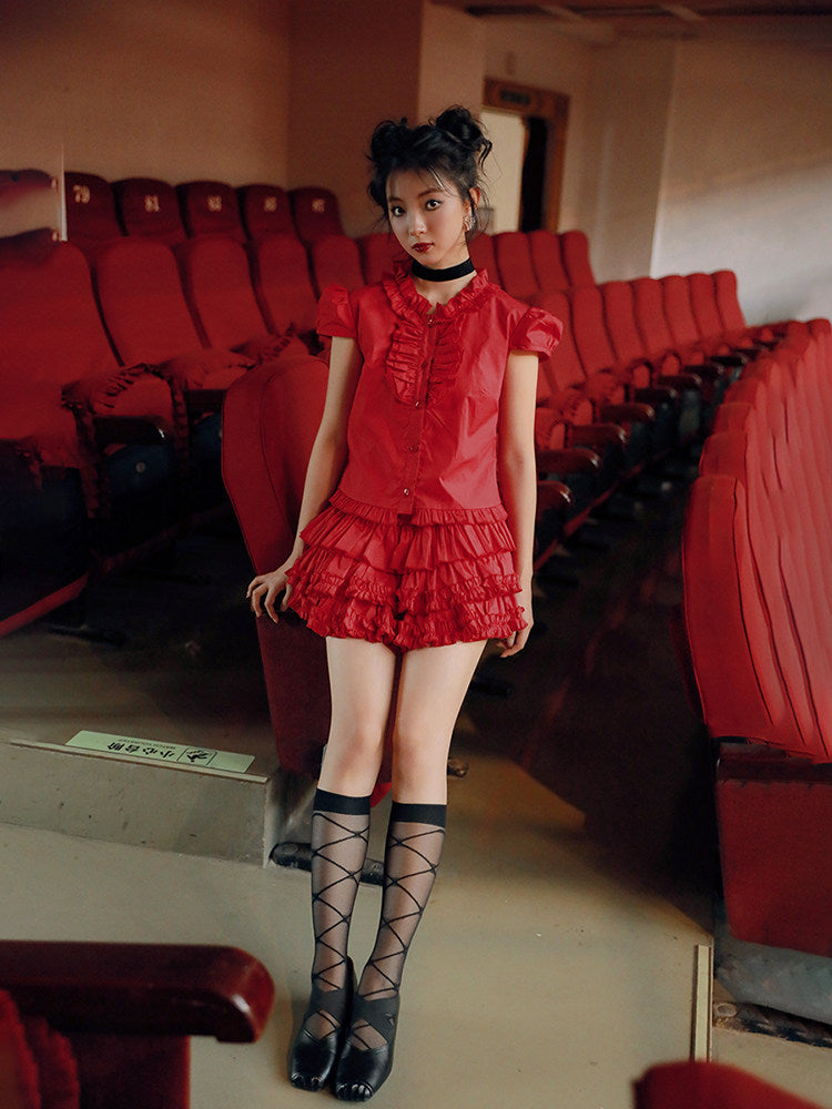 Nanjun Vintage – Red Ruffle Shirt Skirt Set set Nanjun Vintage