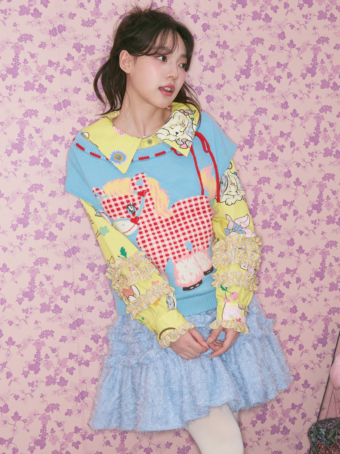 tntntutu - Kawaii Plaid Pony Knit Vest vest tntntutu