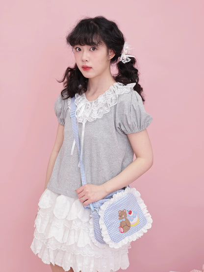 SemenCoicis Vintage Ruffle Collar Tee | Kawaii Puff Sleeve Cotton Top tshirt SemenCoicis