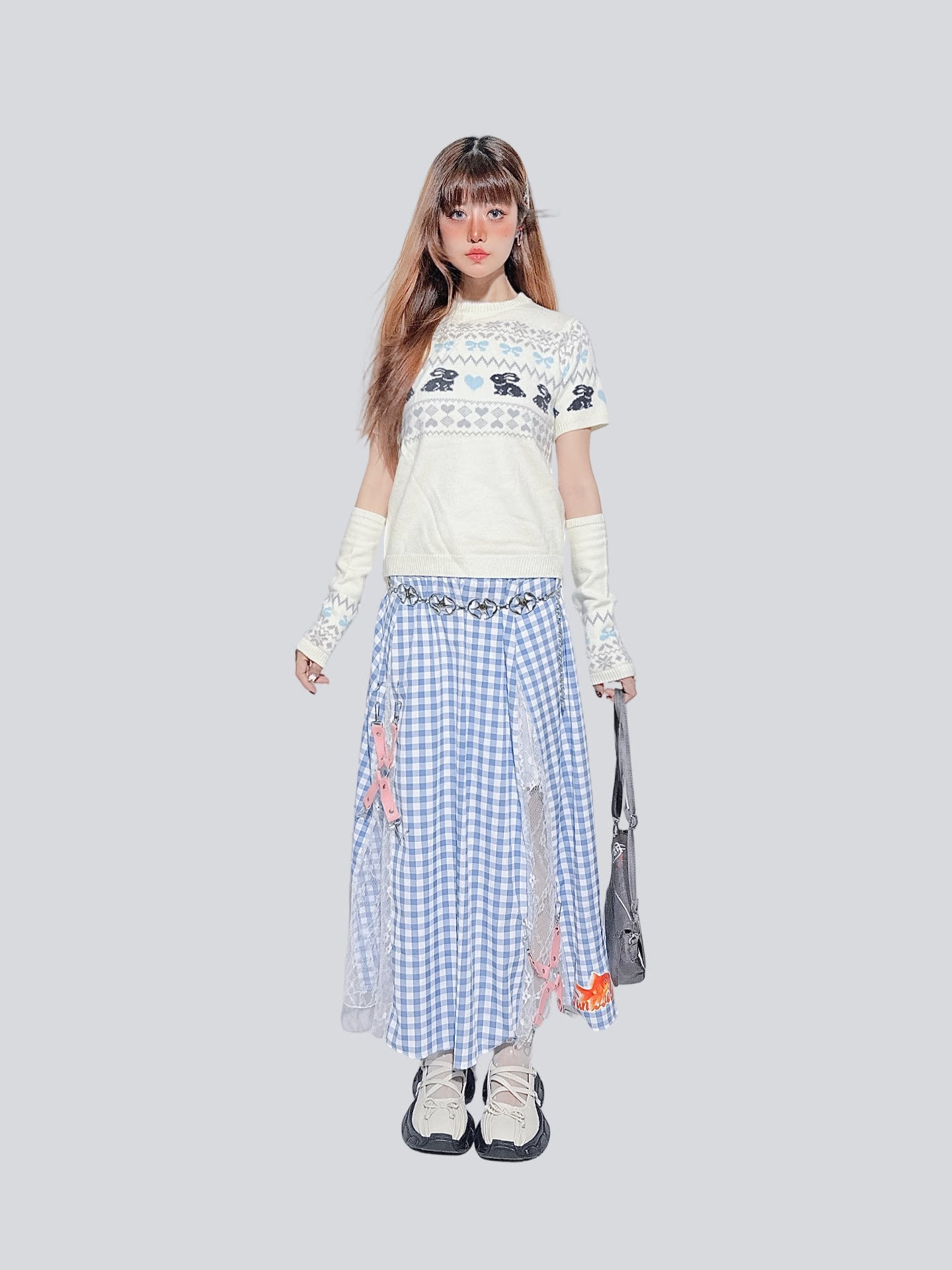FANLOVEGIRL 中长款婴儿蓝格子半身裙女夏季新款格纹高腰 skirt FANLOVEGIRL
