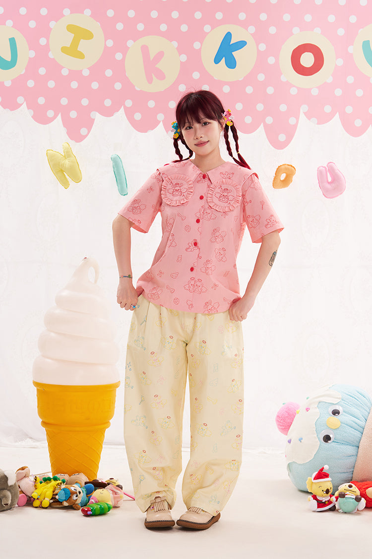 NIKKOU Kawaii Two-Tone Jeans | Harajuku Embroidered Denim Pants pants Nikkou home